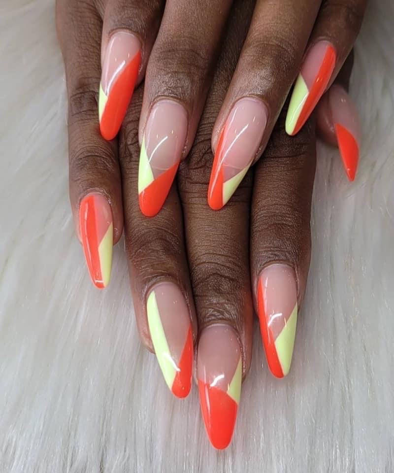 Neon orange and yellow angled French tips